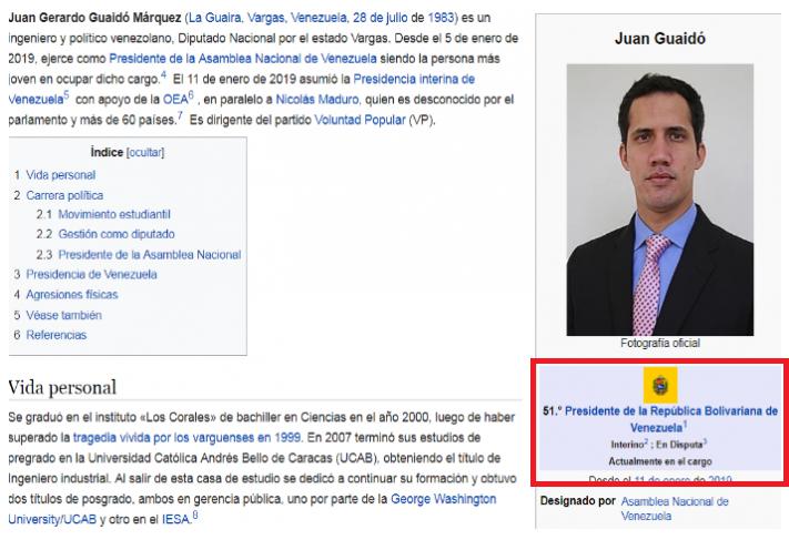 Es falso que Wikipedia nombra a Juan Guaidó como el Presidente de Venezuela