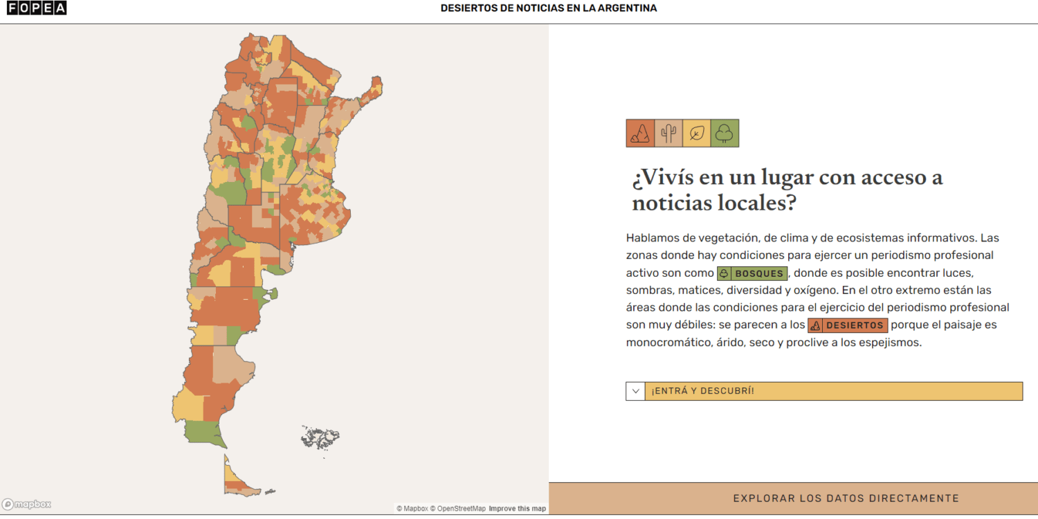 El mapa interactivo de Desiertos informativos permite visualizar de manera efectiva como se encuentra la actividad periodistica local en cada provincia, departamento y localidad de la Argentina. Foto. Impr Pant

Encuentro y Capacitación para periodistas de 20 años de FOPEA - José Heinz 
